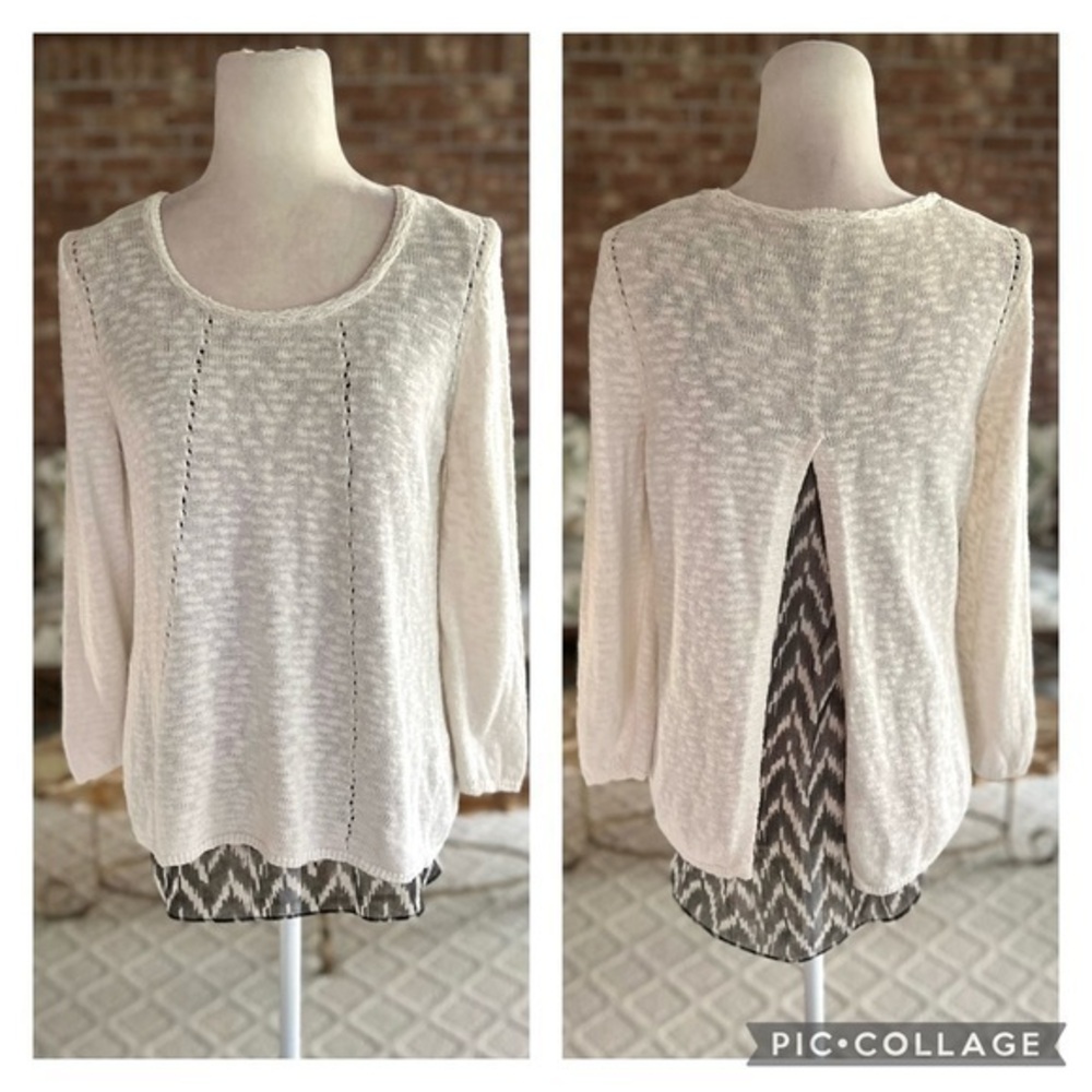 Lucky Brand Top Split Back Layered Ivory Knit S Boho Clean Girl